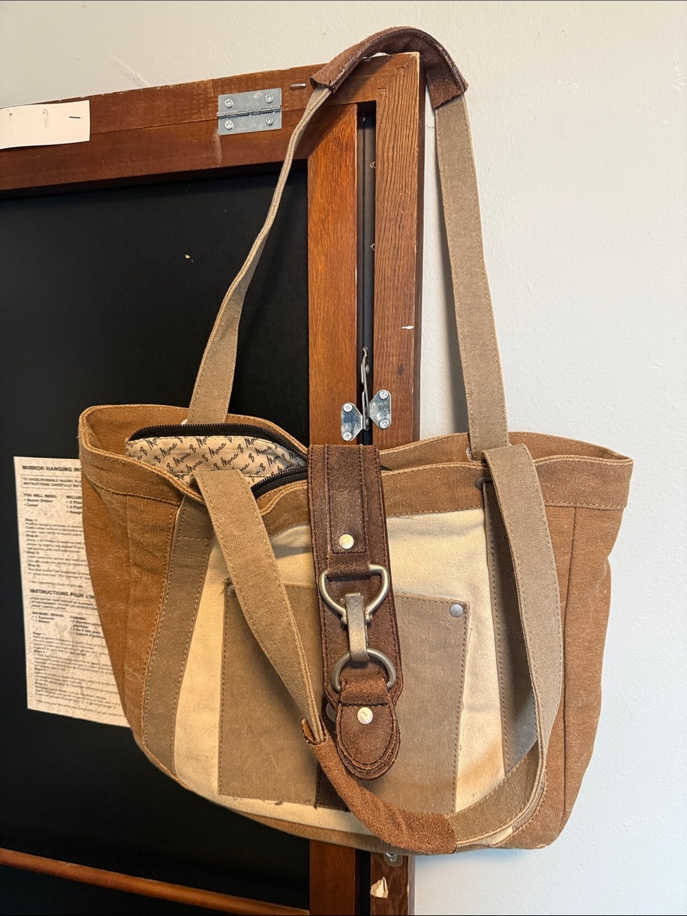 Mona B Canvas Patchwork Shoulder Bag in Brown and Tan